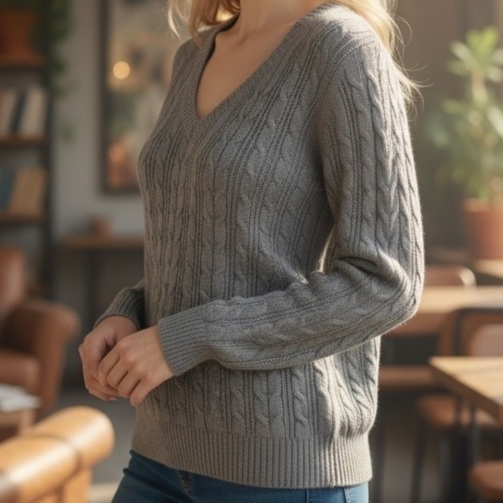 St John's Bay Women's Plus Size PXL Gray Cable‎ Knit Long Sleeve V-Neck Sweater